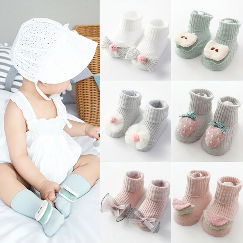 Bambino appena nato Ragazze 3D Frutta Bowknot Antiscivolo Boot Calzini e Calzettoni Del Pavimento Del Bambino Calzini e Calzettoni