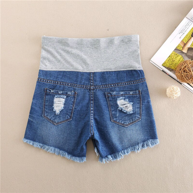 Slyxsh kantede mørkeblå denim barsel shorts elastisk talje graviditet korte jeans sommer tøj til gravide kvinder