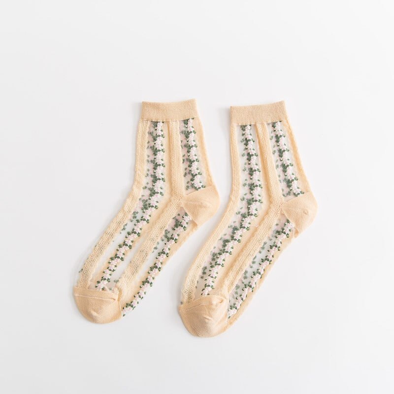 Damstrumpor blommiga strumpor för kvinnliga broderier genomskinliga tjejer svart patchwork sox fräsch färg damstrumpor: Gul