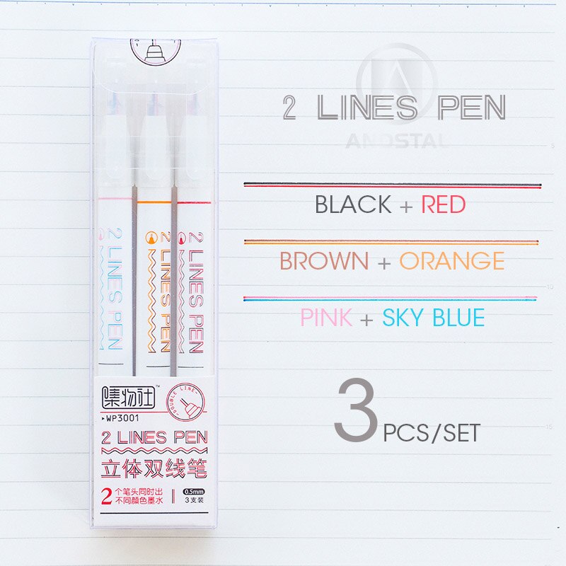 Andstal 2 linjers kuglepen sæt 0.5mm doule line art markør pen fine liner markører fineliner farve blæk tegne scrapbog journaling penne: 3 farver sæt a