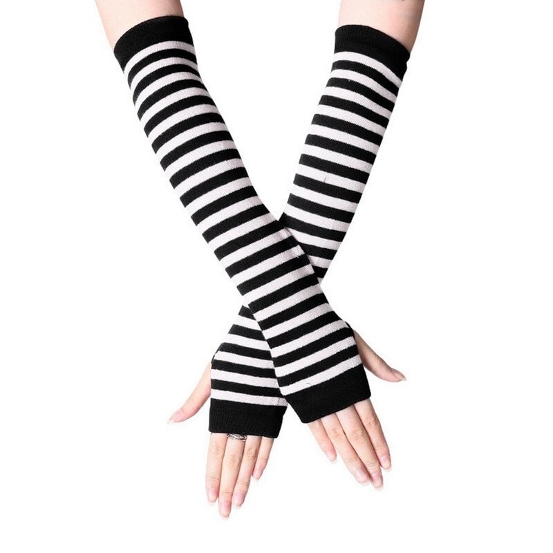 Women Lady Striped Elbow Gloves Warmer Knitted Long Fingerless Gloves Elbow Mittens Christmas Accessories: 8