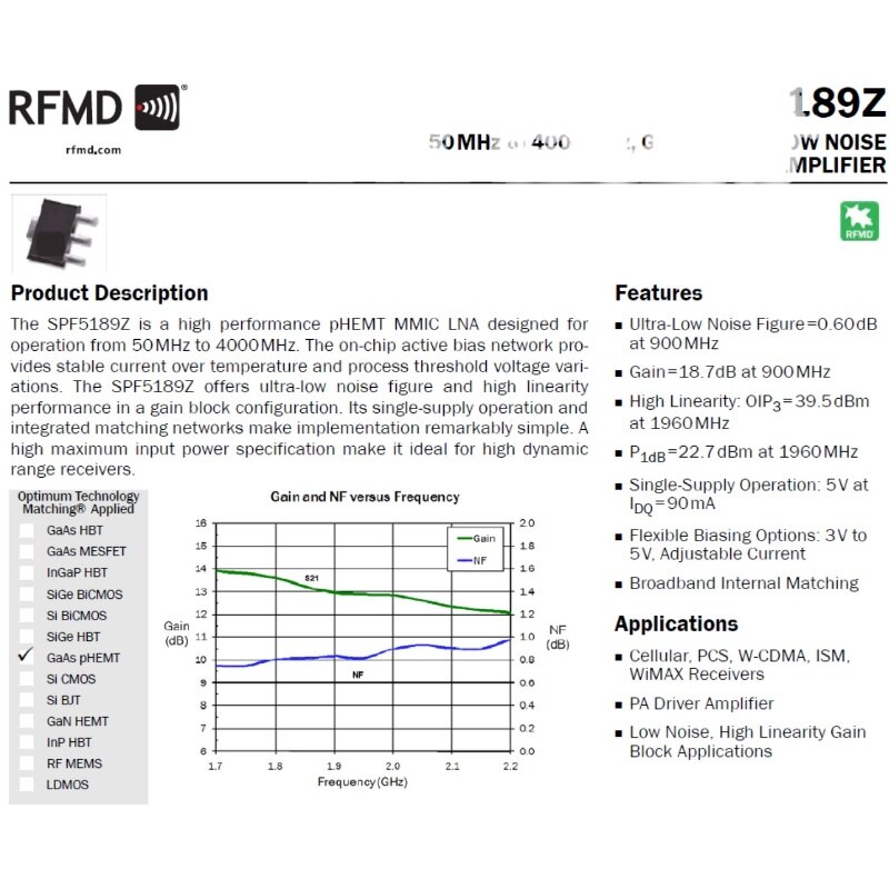 AMPLIFICADOR DE señal RF LNA, 50MHZ a 4000MHZ, SPF5189Z, amplificador de bajo ruido, 0.6dB, receptor GPS, UHF, HF, VHF, FM, Radio Ham