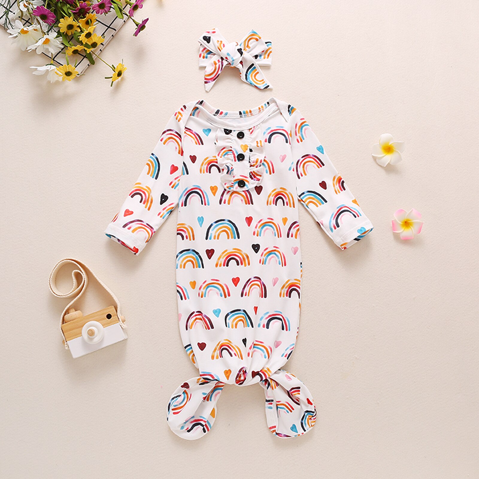 CANIS Baby Nightwear with Headband Rainbow Print Round Neck Long Sleeve Sleepwear+ Headdress