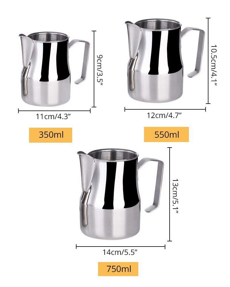 Jarra de espuma de café con leche, jarra de leche de acero inoxidable con boca redonda, 350/550/750ml