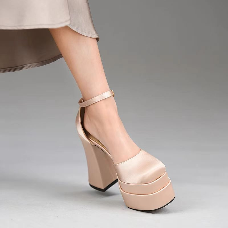 Vandtætte plateausandaler med ultrahøje hæle, 12cm tykke hvide satinbrunesko med taskehoved, tykke hæle