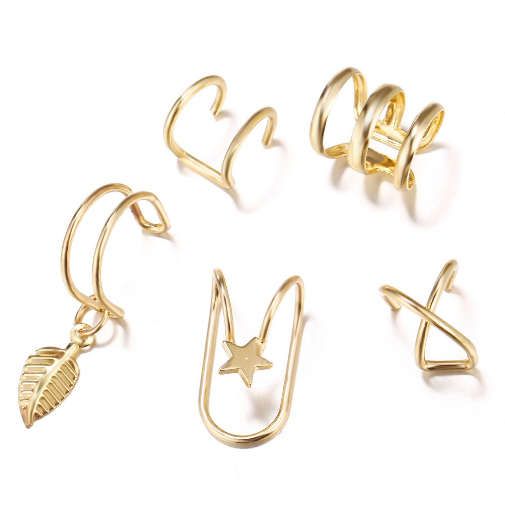 7Stck Ohrringe Schmuck Persönlichkeit Metall Ohr Clip Blatt Quaste Ohrringe für Frauen Pendientes Ohr Manschette Gefangen in manschetten: 5Stck Gold