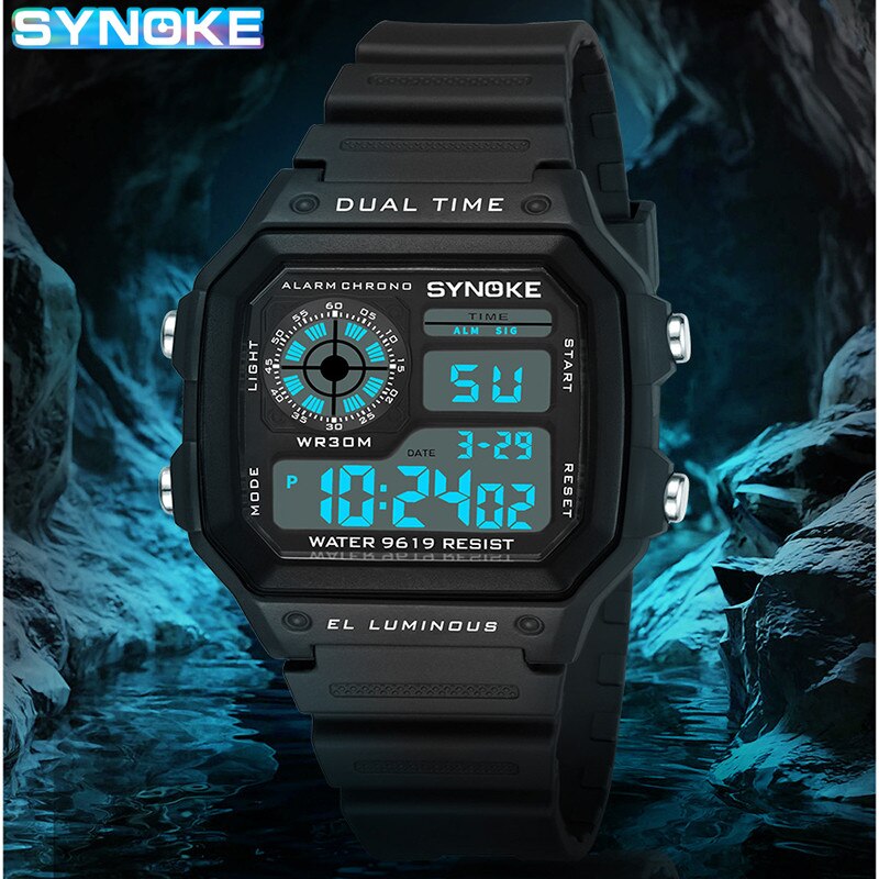 SYNOKE digitale horloges heren sport lichtgevend multifunctioneel waterdicht chrono-polshorloge buiten en hardlopen student zeven lichten: Black