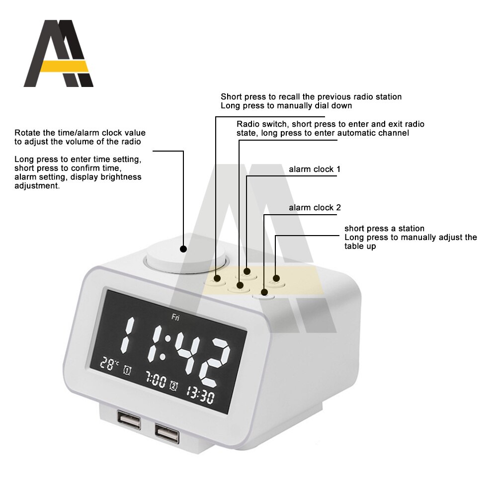 Dual USB Digital Wecker Radio Dimmen Einstellung Thermometer Multifunktions FM Radio mit Schlaf Timer