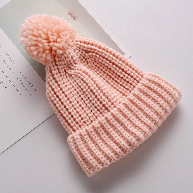 Baby Knitted Winter Hat Boys Girls Pompom Cap Crochet Knitted Candy Color Toddler Beanie Cap Infant Kids Children Hairball Hats: pink