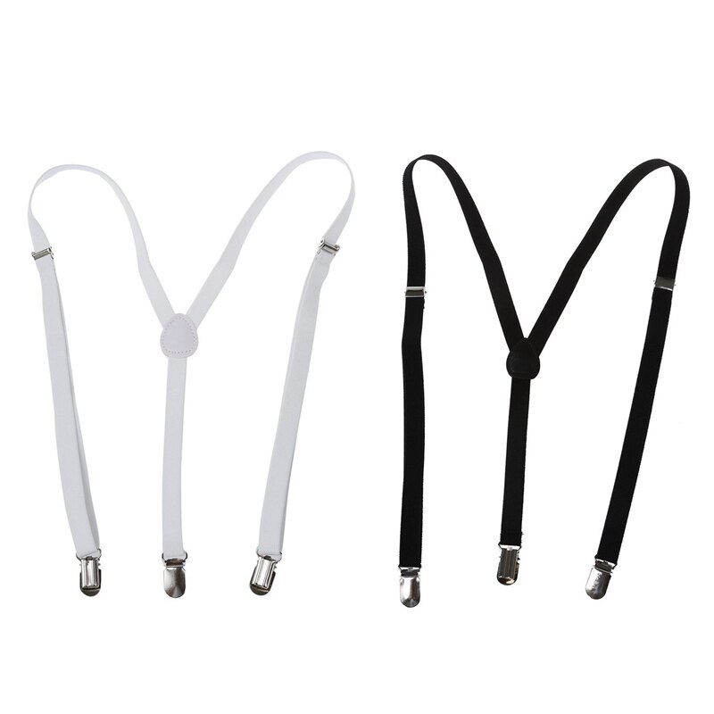 2 Pcs Adult Adjustable Metal Clamp Elastic Suspenders Braces Black & White