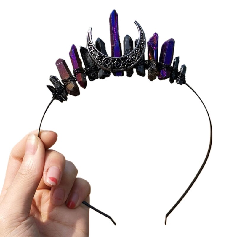 Handmade Faux Raw Crystal Headband Quartz Black Moon Bridal Alloy Tiara Crown Ladies Wedding Party Bridal Jewely Headdress