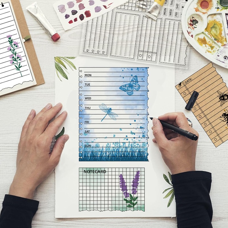 1 ark genomskinlig stämpel, anteckningsblocksstämpel, silikonstämpelset, 5 st silikonmallar för anteckningsblock och 12 st markörer för anteckningsblocks-gör-det-själv