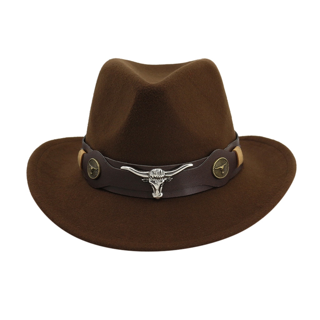 Mode Mannen Vrouwen Western Cowboy Hoed Met Koe Hoofd Band Brede Rand Hoed Pop Jazz Hoed Winter Wol Cap Maat 56-58Cm # T1P: Coffee