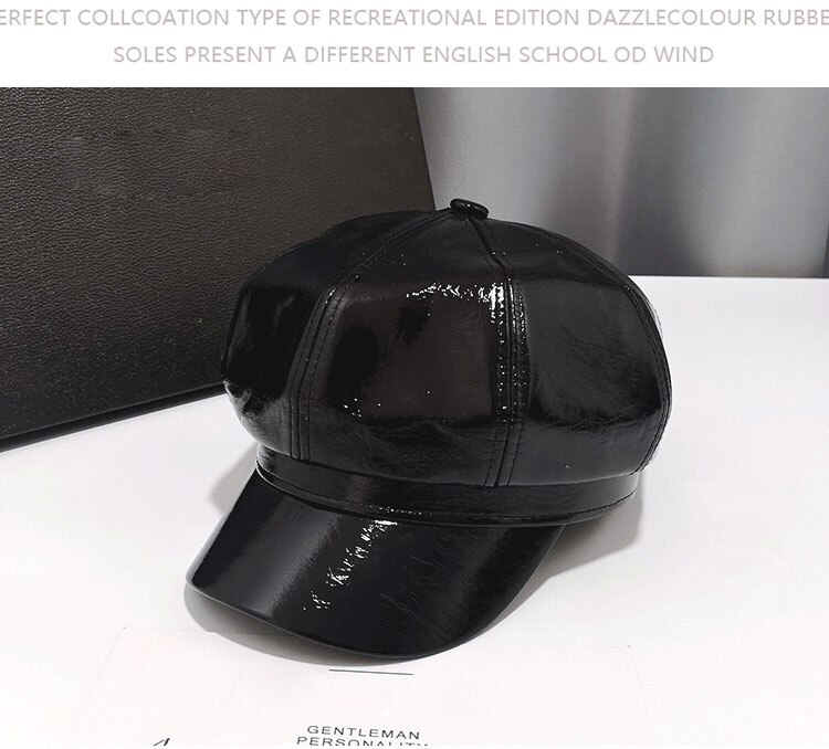 Eleganckie czapki dla kobiet jasny sztuczny skórzany rondo ośmiokątny kapelusz dorywczo beret jesień czapka zimowa brytyjskie kapelusze retro dama koreańnarty: czarny