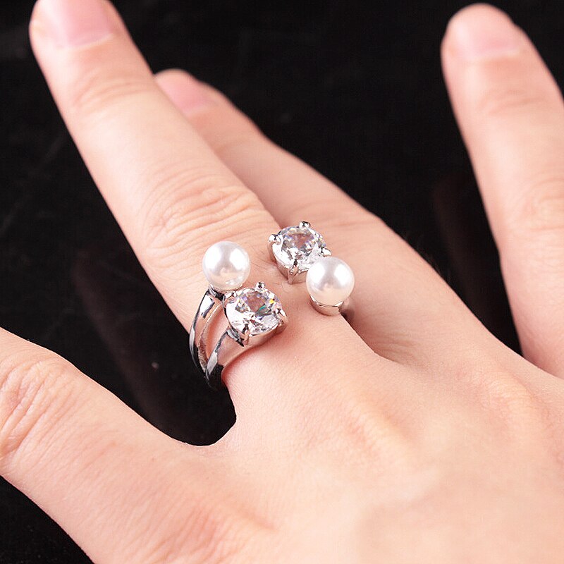 Koreaanse Mode Zirkoon Parel Ring Opening Ring Verstelbare Rhinestone Graceful Chic Voor Vrouwen Bruiloft Ol Sieraden