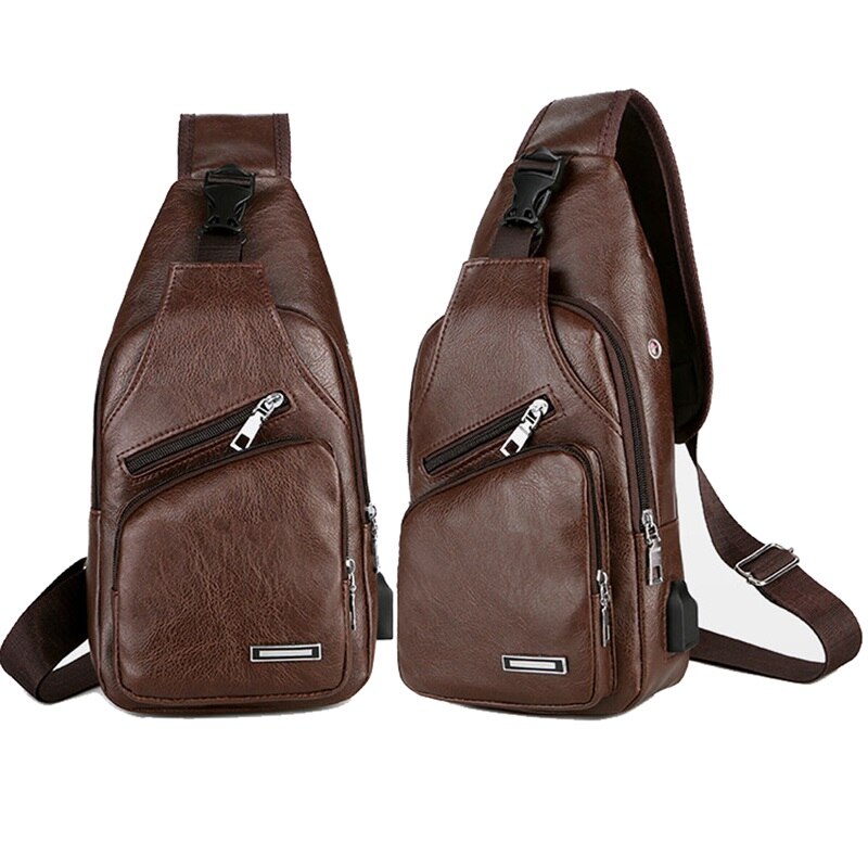 Mænds skuldertasker mænds ensfarvet skuldertaske til usb opladning bæretaske taske: Mørkebrun