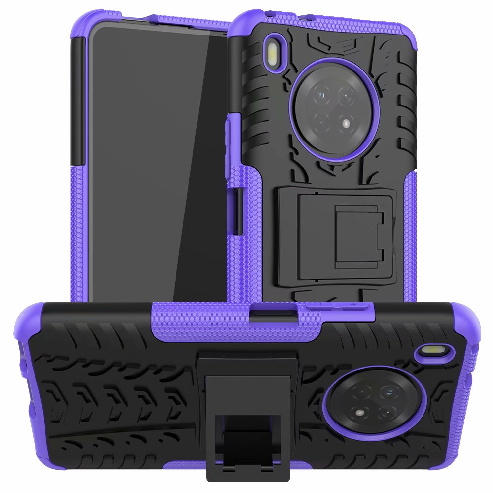 For Huawei Y9a Hard Case + Tempered Glass Hybrid Armor Soft Heavy Duty Stand Protection Enjoy 20 Plus 5G Silicon Cover: Purple / Case and Tem glass