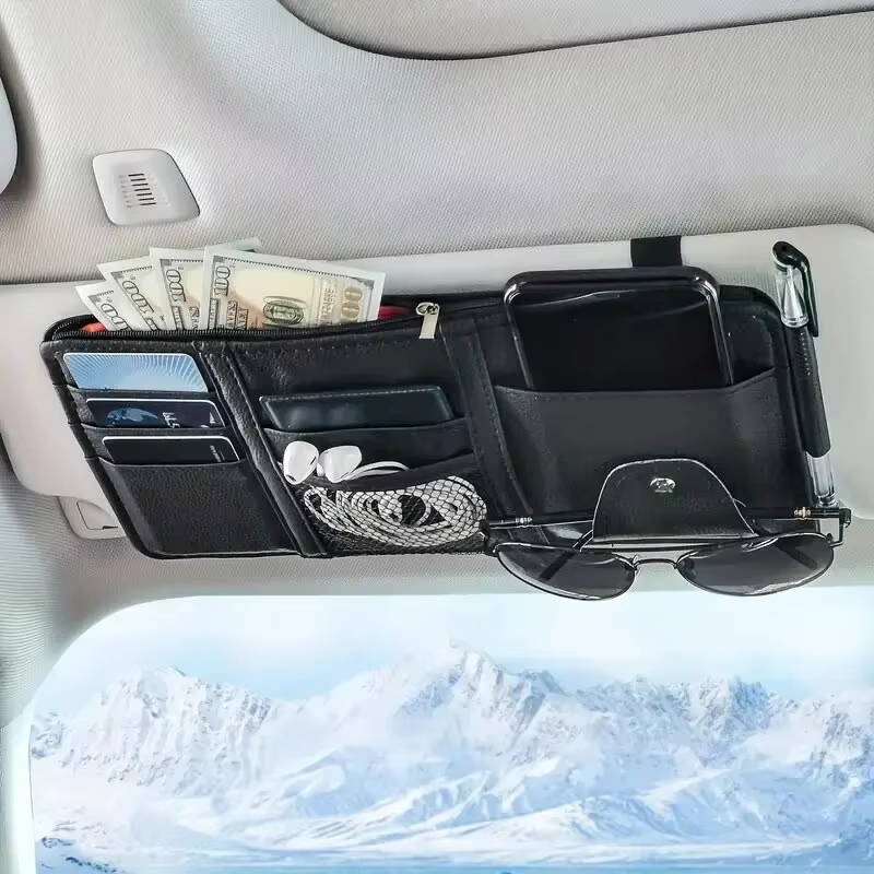 Organizador de viseira de sol para carro, suporte para celular, acessórios interiores de carro, bolso, armazenamento de cartão, suporte de montagem: CINZA