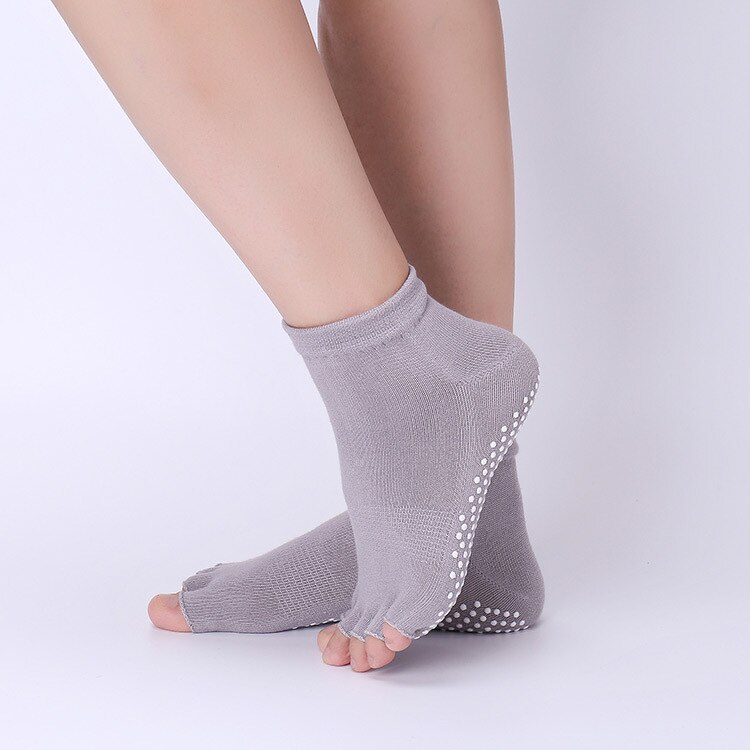 Calcetines de Yoga antideslizantes profesionales para mujer, medias de cinco dedos, de algodón puro, antideslizantes, cálidos, para Otoño e Invierno: half toe-gray