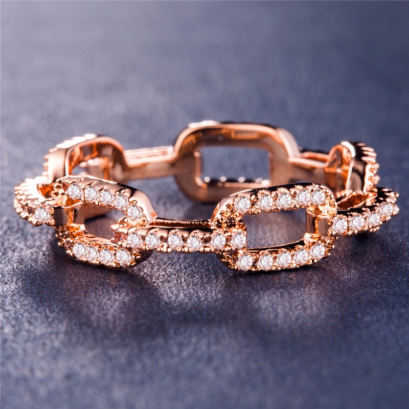 Creatieve Keten Dames Ring Zirkoon Ring Voor Vrouwen Verzilverde Rose Goud Koper Strass Ring Populaire Trouwring Sieraden