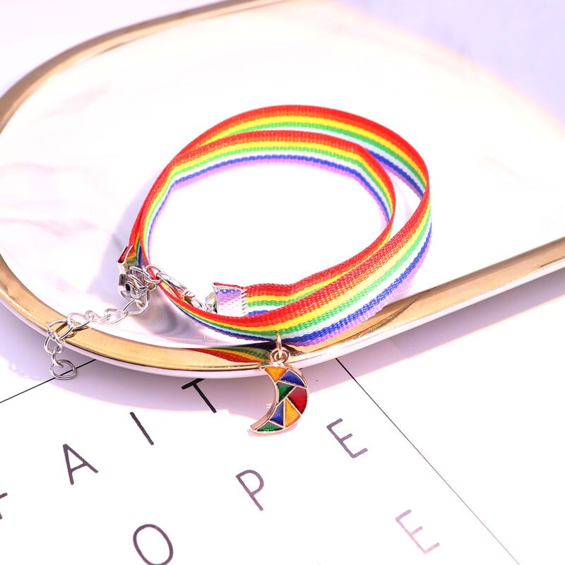 Mulltilayer Hand Braided LGBT Rainbow Bracelet Charms Cute Moon Rainbow Braslet For Women Wristband Accessories Jewelry: Moon