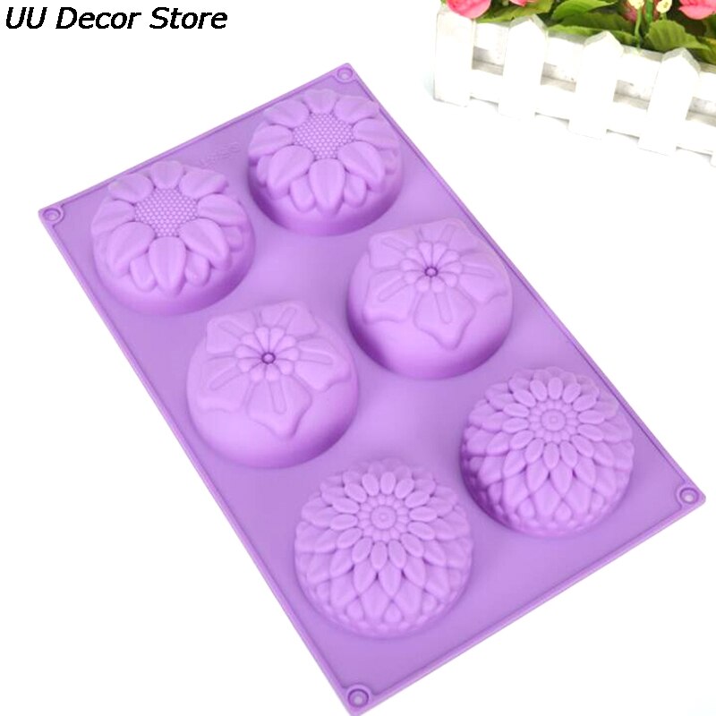 6 Gat Diy Siliconen Art Handgemaakte Zeep Ronde Bloemvorm Kaars Cake Bakvorm