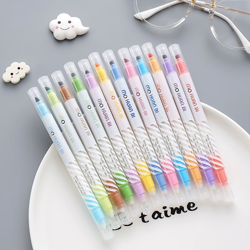 12 stks/set Gekleurde Fluorescerende Pen Japanse Snoep EEN Set van Gekleurde Zilveren Pen Effen Marker Pen Set Markeerstiften