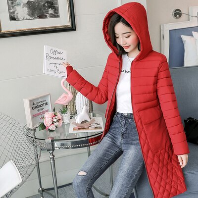 Plus size parkas dam vinterjacka med luva slim down bomull stor ficka lång kappa solid casual kvinnlig varma ytterkläder: Röd / L
