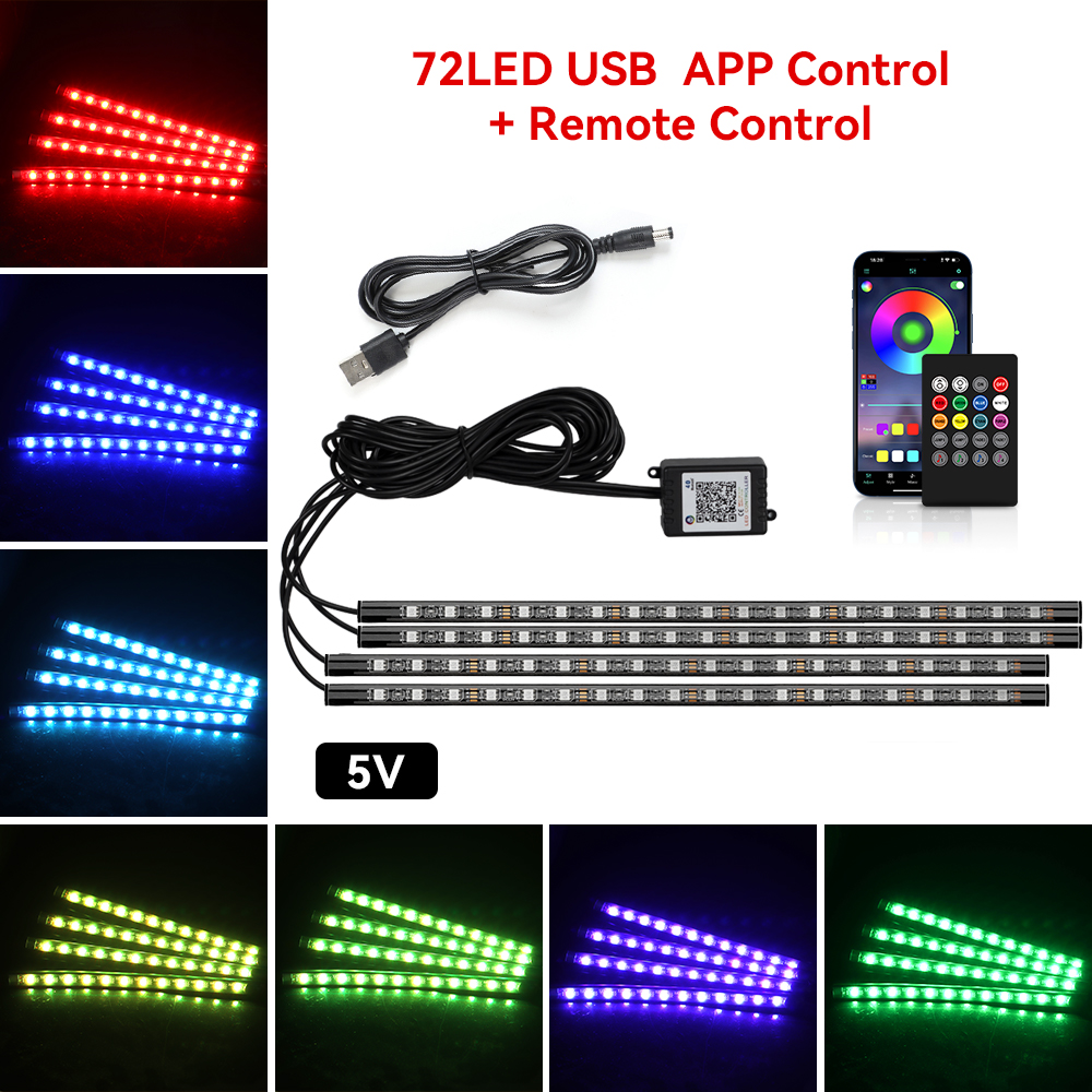 Néon 48 72 LED voiture intérieur ambiant pied lumière avec USB sans fil à distance musique App contrôle Auto RGB atmosphère lampes décoratives: YELLOW