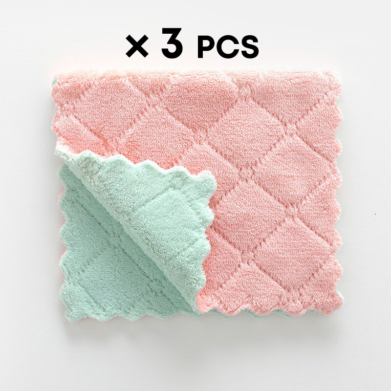 Microfiber kitchen cleaning cloth Non-sticky Easy to clean dishcloth kitchen tools Kitchen accessories: Green pink 3pcs