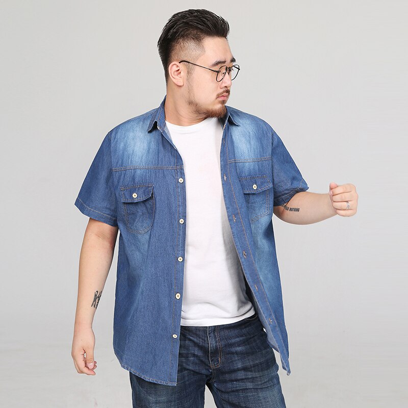 Sommer korte ærmede denim skjorter herre ensfarvet casual skjorte slim herre jeans skjorter oversize 8xl