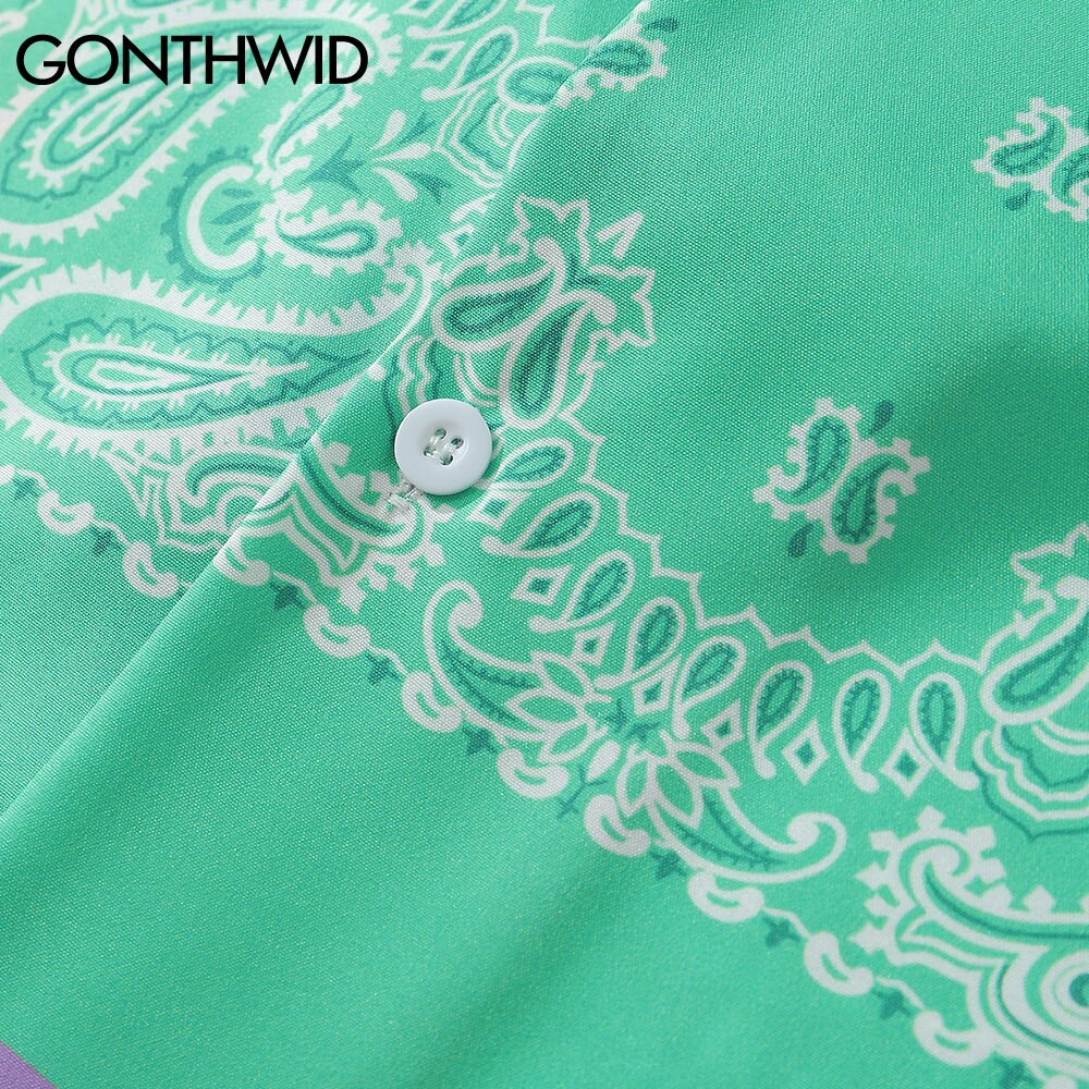 GONTHWID Bandana Paisley Pattern Color Block Hawaiian Shirts Beach Casual Long Sleeve Shirt Tops Party Harajuku Blouse