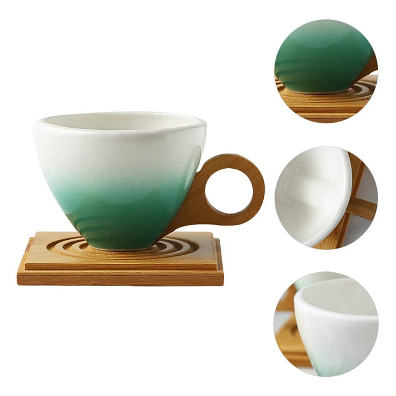 Europese Gradiënt Kleur Keramische Kopje Koffie Set Ideeën Met Bamboe Handvat Coaster Keramische Kopje Thee