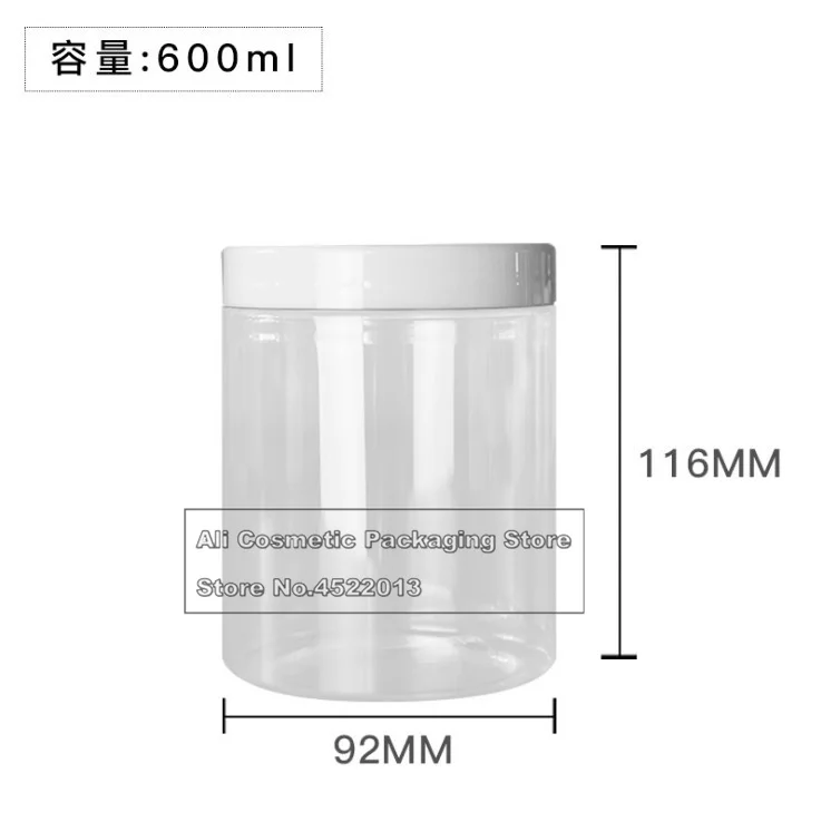 150~1000ML White Cap Transparent Lid Cover Clear Empty Packaing PET Plastic Jar Pot Container Bottle: 600ml
