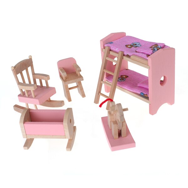 1:12 Scale Doll House Furniture Wooden Miniature Baby Nursery Room Crib Chair Bed Kids Children Pretend Play Toys Pink