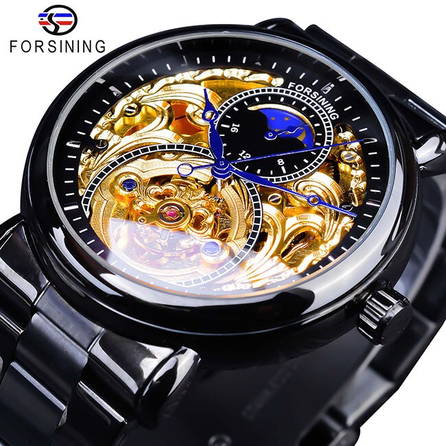 Forsining kongelig luksus månefase herre gylden gennemsigtig åben arbejde automatisk mekanisk armbåndsur top mærke luksus: S1125-4