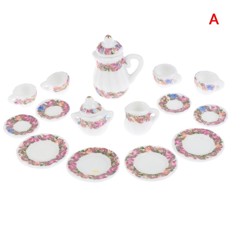 1:12 Miniature 17PCS Porcelain Tea Cup Set Chintz Flower Tableware Kitchen Dollhouse: A