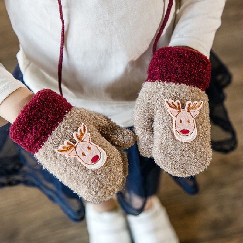 Winter Jungen Mädchen Plüsch Nähte Handschuhe Nette Elch Kleinkind Volle Finger Dicke Wärmer Handschuhe Fäustlinge freundlicher freundlicher Handschuhe: khaki