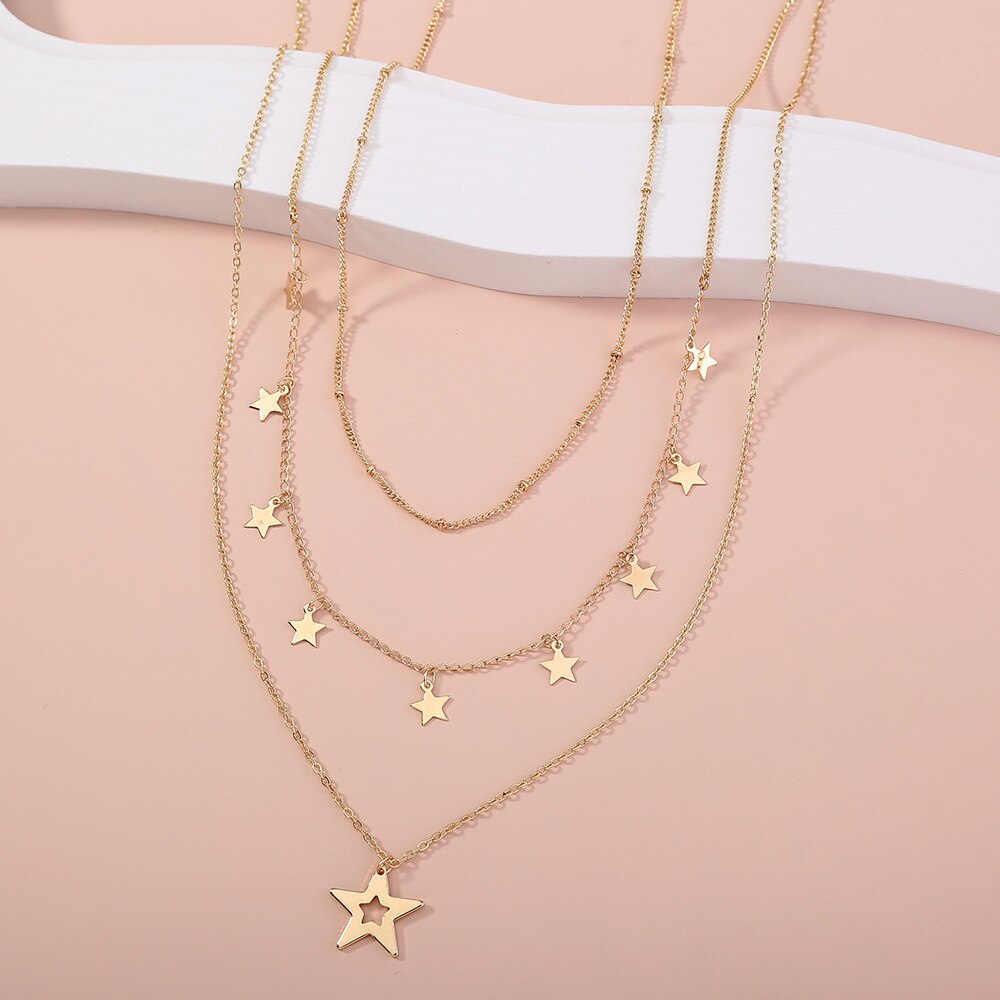 Multi-Layer Moon Stars Choker Necklace Stainless Steel Pendant Necklace Star Gold Necklace Women Choker Necklaces: 2