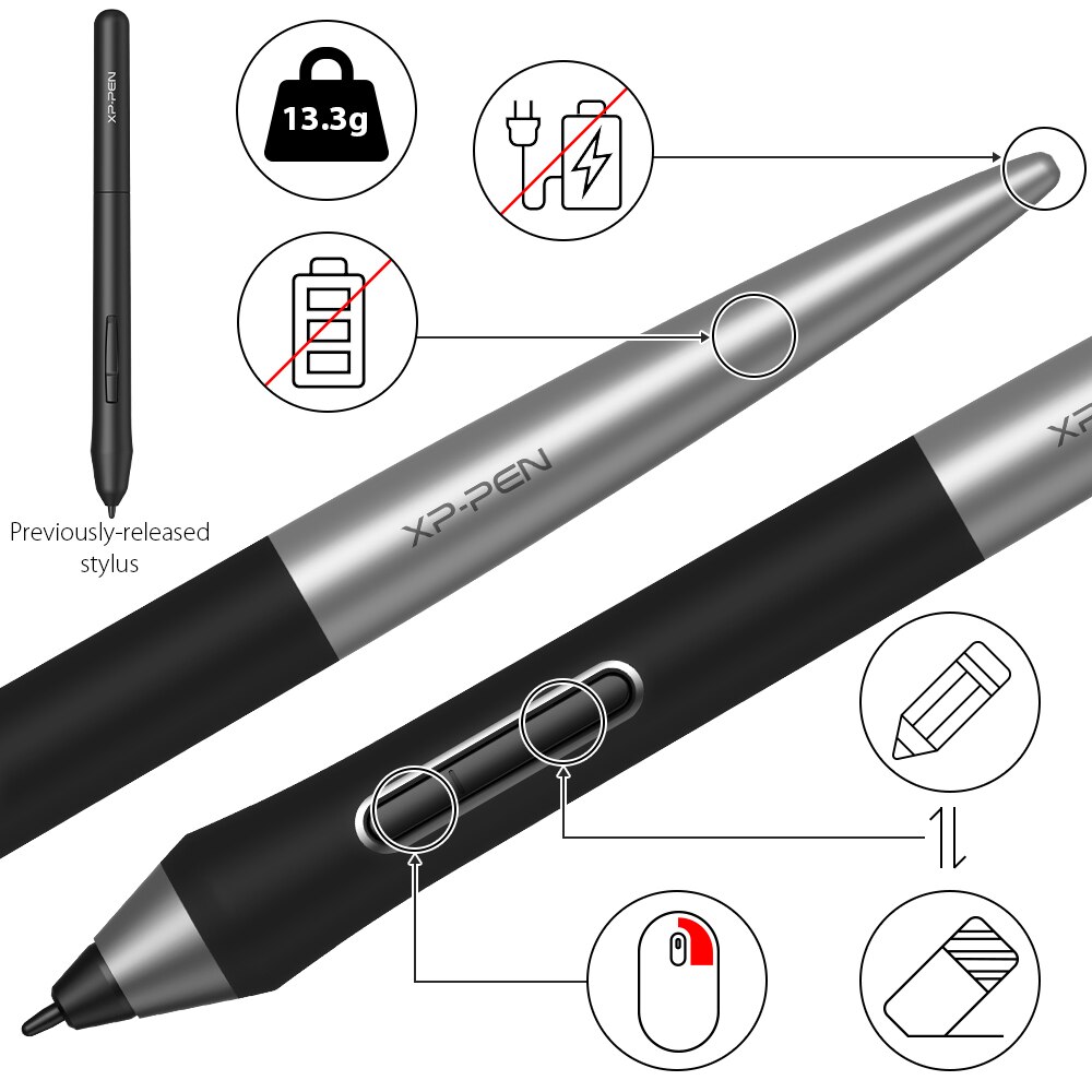 XP-Pen PA1 Battery-free Digital Stylus with 8 Replace Nibs for Drawing Tablet Deco Pro S/M