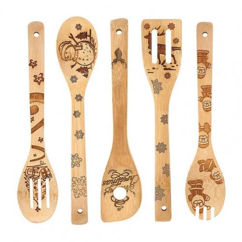 Juego de pala antiadherente de bambú para cocina, cuchara gruesa resistente al calor, 5 piezas: 4