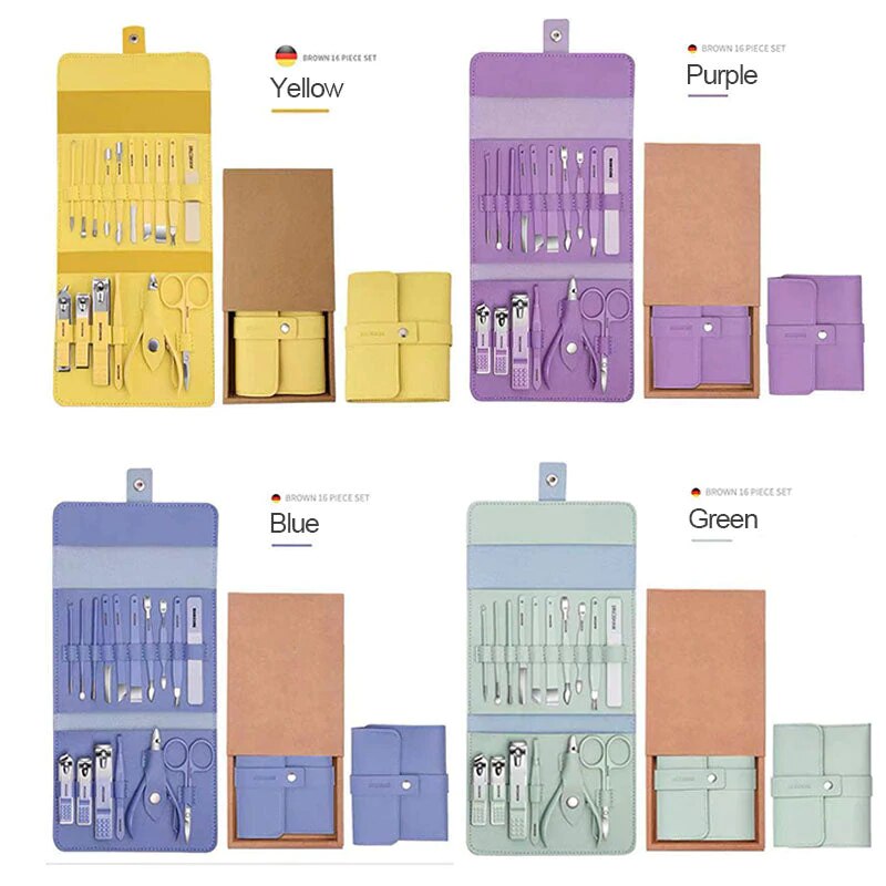 Juego de utensilios para el cuidado de las uñas, cortador de uñas de acero inoxidable, herramientas para el cuidado de las uñas y los pies, herramientas de manicura de belleza, juego portátil de viaje, 16 Uds.