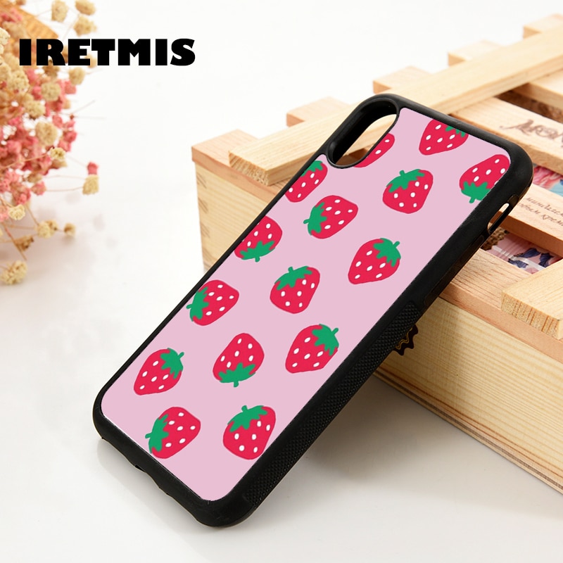 Iretmis 5 5S SE 6 6S Soft TPU Silicone Rubber phone case cover for iPhone 7 8 plus X Xs 11 Pro Max XR Pink Strawberry Pattern