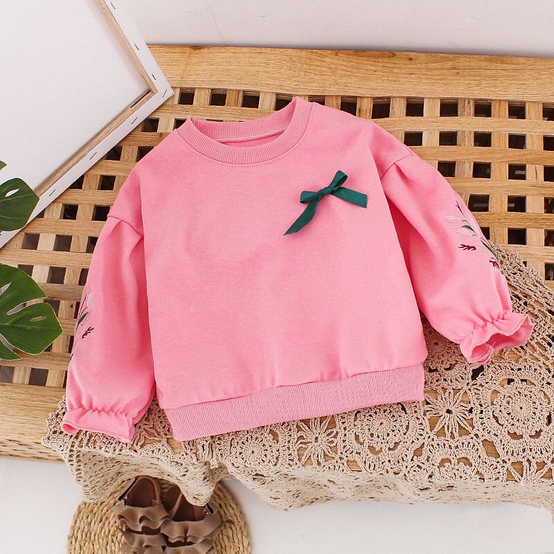 Spring Girls T-shirt Baby Infants Kids Clothes Princess Bow Embroidery Long Sleeve Pullover Basic T-shirts Tee Tops S10451: Pink / 9M