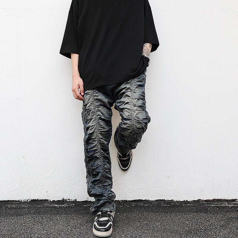 alto strada Cerniera Laterale angosciato Schiacciato Piega denim Dei jeans Degli Uomini di anca salto Elastico in Vita Dritto Pantaloni di Modo motociclista Pantaloni Pantaloni Pantaloni