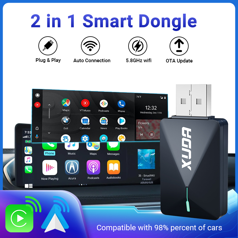 XUDA 2 em 1 sem fio CarPlay AI Mini Box Android Auto Box Plug & Play Conexão automática compatível com 99% de carros para rádio de carro: CINZA