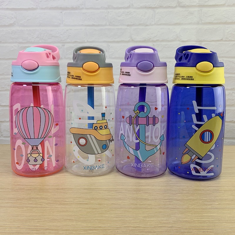 Vaso de agua para niños de 480ML, tazas de alimentación de bebé con dibujo , con pajitas, botellas de agua para exteriores, portátiles