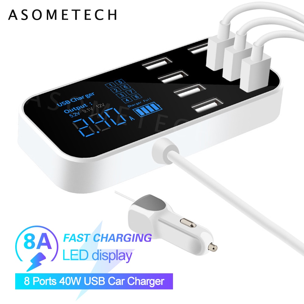 8 Poorten Usb Car Charger 40W 2.4A Fast Charger Smart Led Display Opladen Station QC3.0 Qucik Charger Telefoon Oplader voor Iphone 11