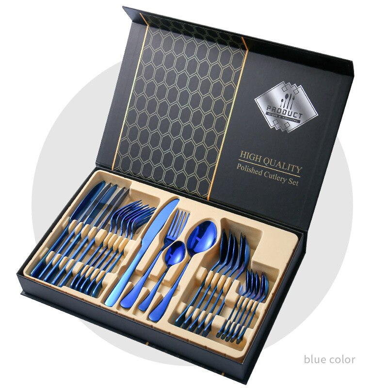 24 PCS Black Western Stainless Steel Dinnerware Cutlery Set Fork Knife Spoon Flatware Silverware Set Tableware Set: Blue