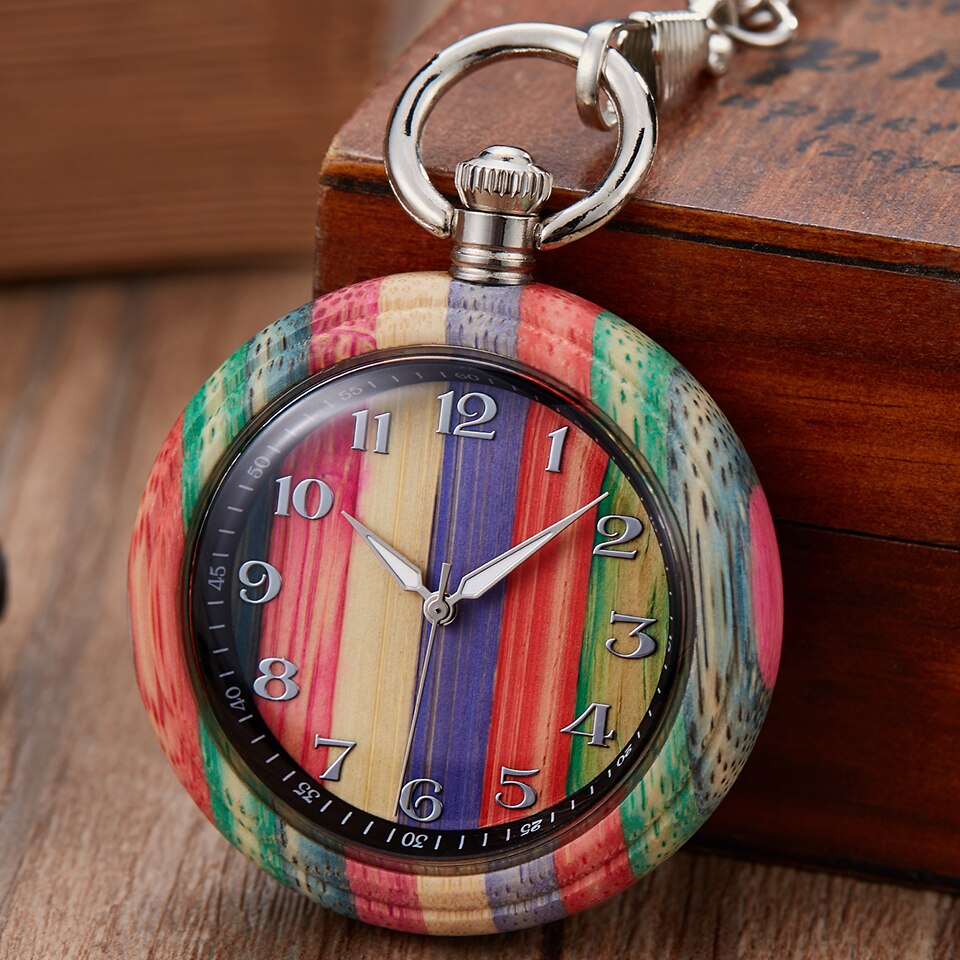 Natuurlijke Hout Zakhorloge Mannen Vrouwen Creatieve Houten Quartz Horloges Fob Ketting Hangers Kleurrijke Klok Reloj De Bolsillo